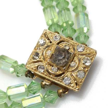 Green AB Barrel Crystal Necklace & Earrings, Austrian Crystal Beads, 1960s Vintage Jewelry