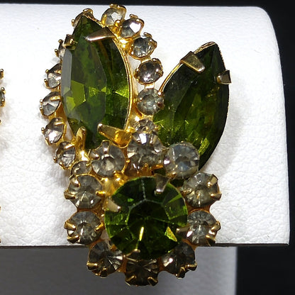 Weiss Green Clear Rhinestone Earrings, Gold Plated, 1960s Vintage Jewelry