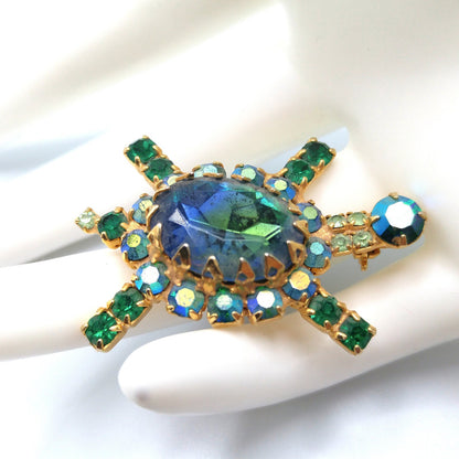 Vintage Turtle Brooch, Green Blue Aurora Borealis Rhinestones, Gold Plated, 1960s Vintage Jewelry
