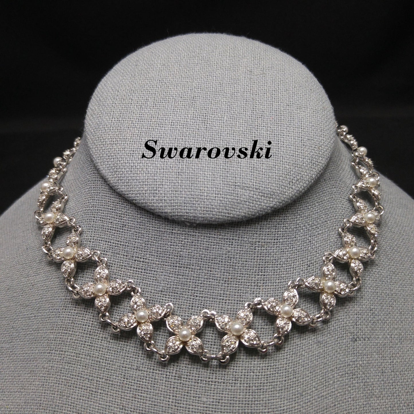 Vintage Swarovski Swan Logo Pearl Rhinestone Floral Choker Necklace 1990s