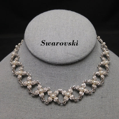 Vintage Swarovski Swan Logo Pearl Rhinestone Floral Choker Necklace 1990s