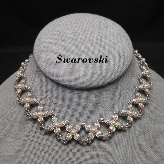 Vintage Swarovski Swan Logo Pearl Rhinestone Floral Choker Necklace 1990s