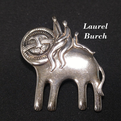 Vintage Laurel Burch Family Large Cat Pendant Brooch, Silver Tone Gold Plated