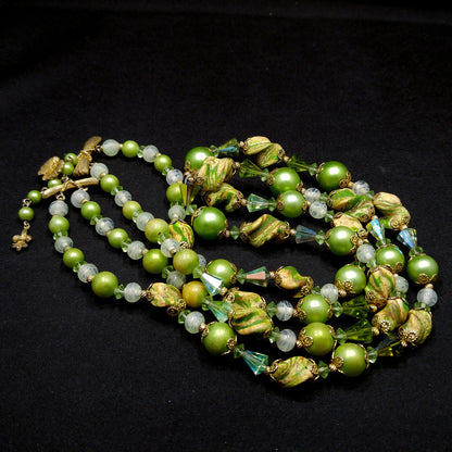 Vendome Green Beige Art Beads, Green AB Cone Crystal Beads, 1960s Vintage Jewelry