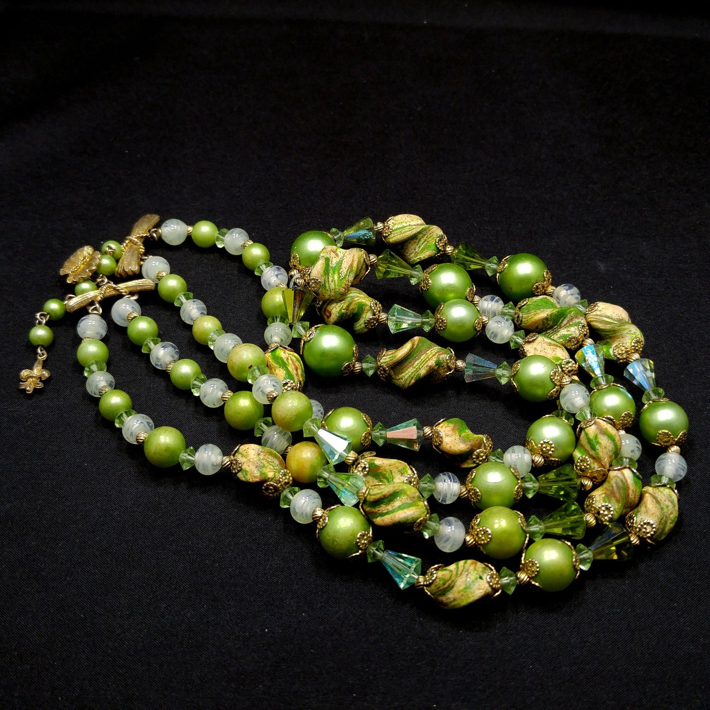 Vendome Green Art Bead Two Strand Necklace with Crystals Vintage 1960s