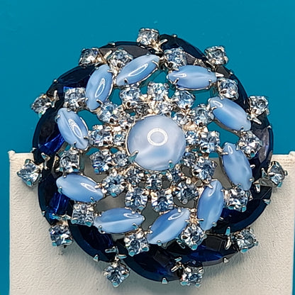 Vintage Blue Domed Rhinestone Brooch Light & Dark Blue Cabochon 1960s
