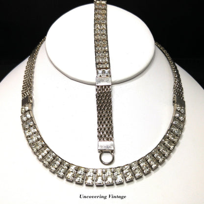 Art Deco Clear Rhinestone Choker Necklace Bracelet Set, Silver Tone Mesh, 1950s Vintage Jewelry