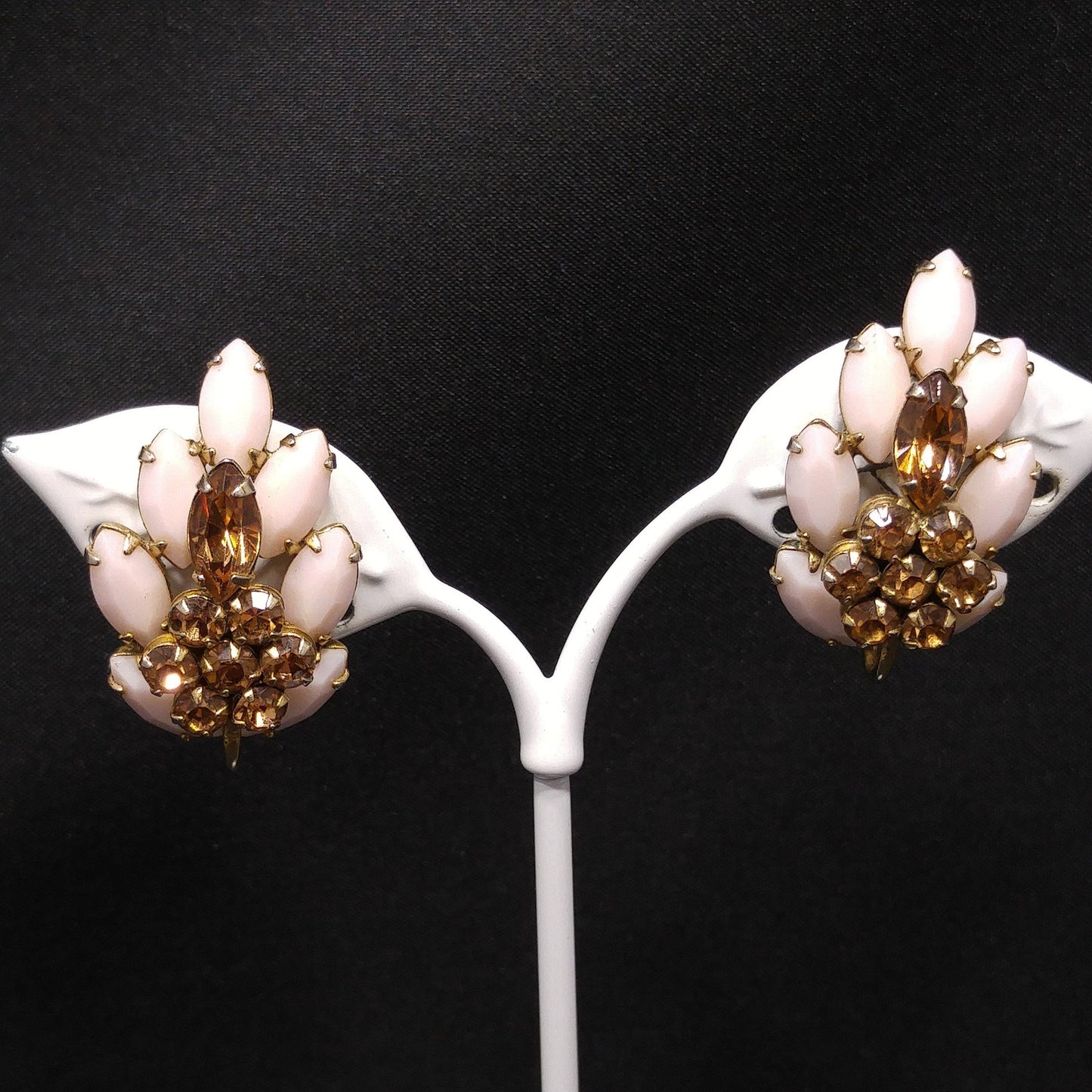 Sherman Pink & Topaz Rhinestone Earrings, Pink Milk Glass, Gold Plated, 1960s Vintage Jewelry