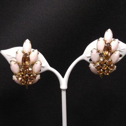 Sherman Pink & Topaz Rhinestone Earrings, Pink Milk Glass, Gold Plated, 1960s Vintage Jewelry