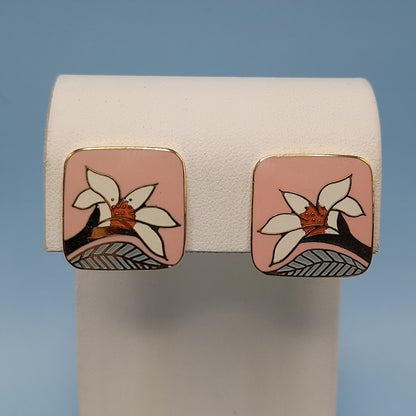 Vintage Laurel Burch Pink Enamel Wild Lily Clip Earrings