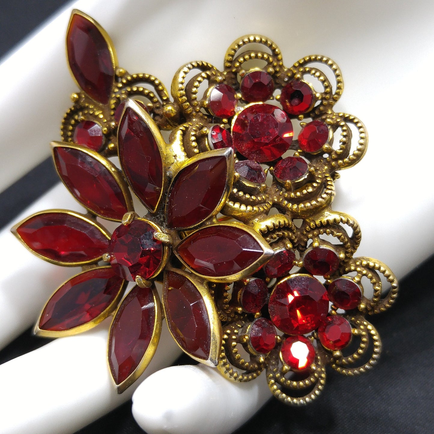 Vintage Red Crystal Rhinestone Floral Brooch, Antique Gold Plated, 1980s Vintage Jewelry