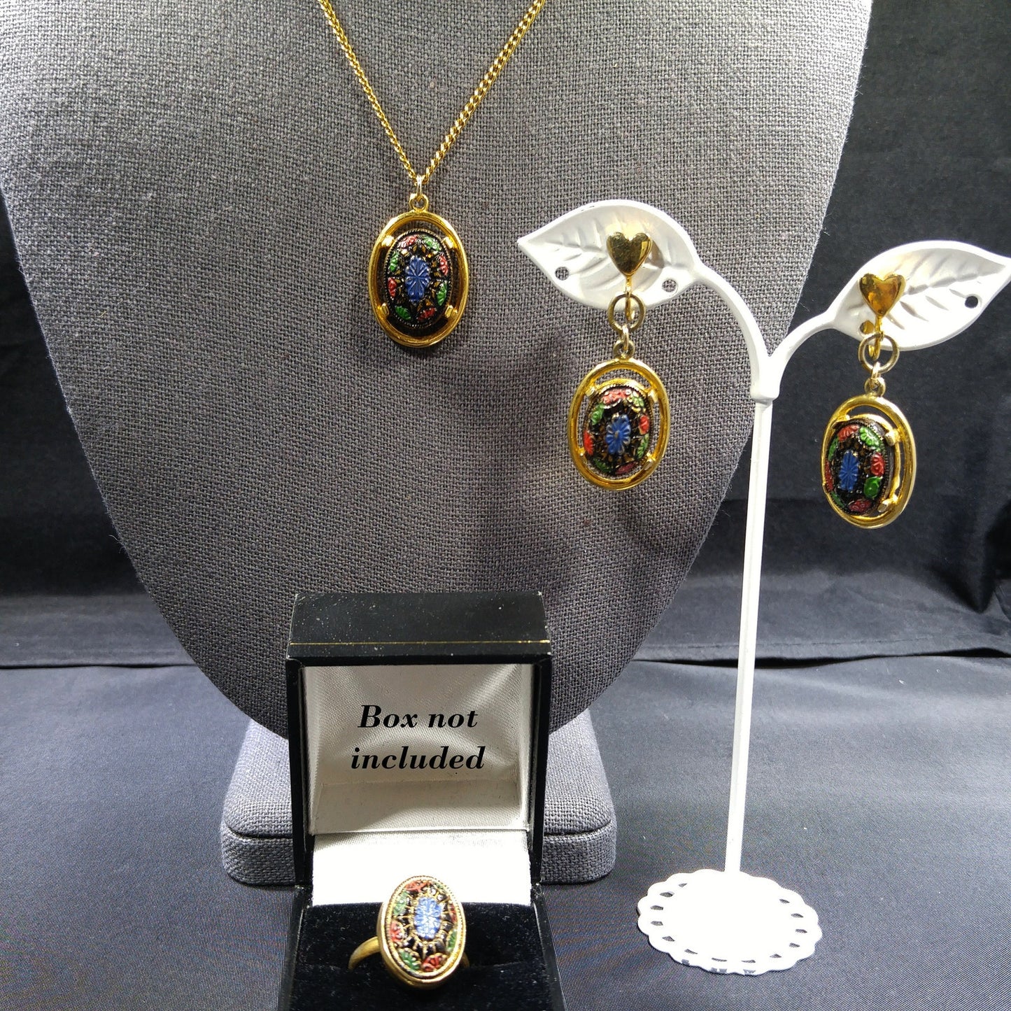 Sarah Coventry Light of the East Jewelry Set, Necklace Earrings Ring, 1970s