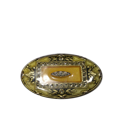 Catherine Popesco Oval Brooch, Cream & Gold Enamel, Rhinestones Under Enamel, France, 1980s Vintage Jewelry