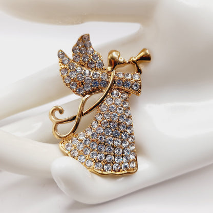 Vintage MONET Rhinestone Angel Brooch Gold Tone Holiday Pin 2 Inch