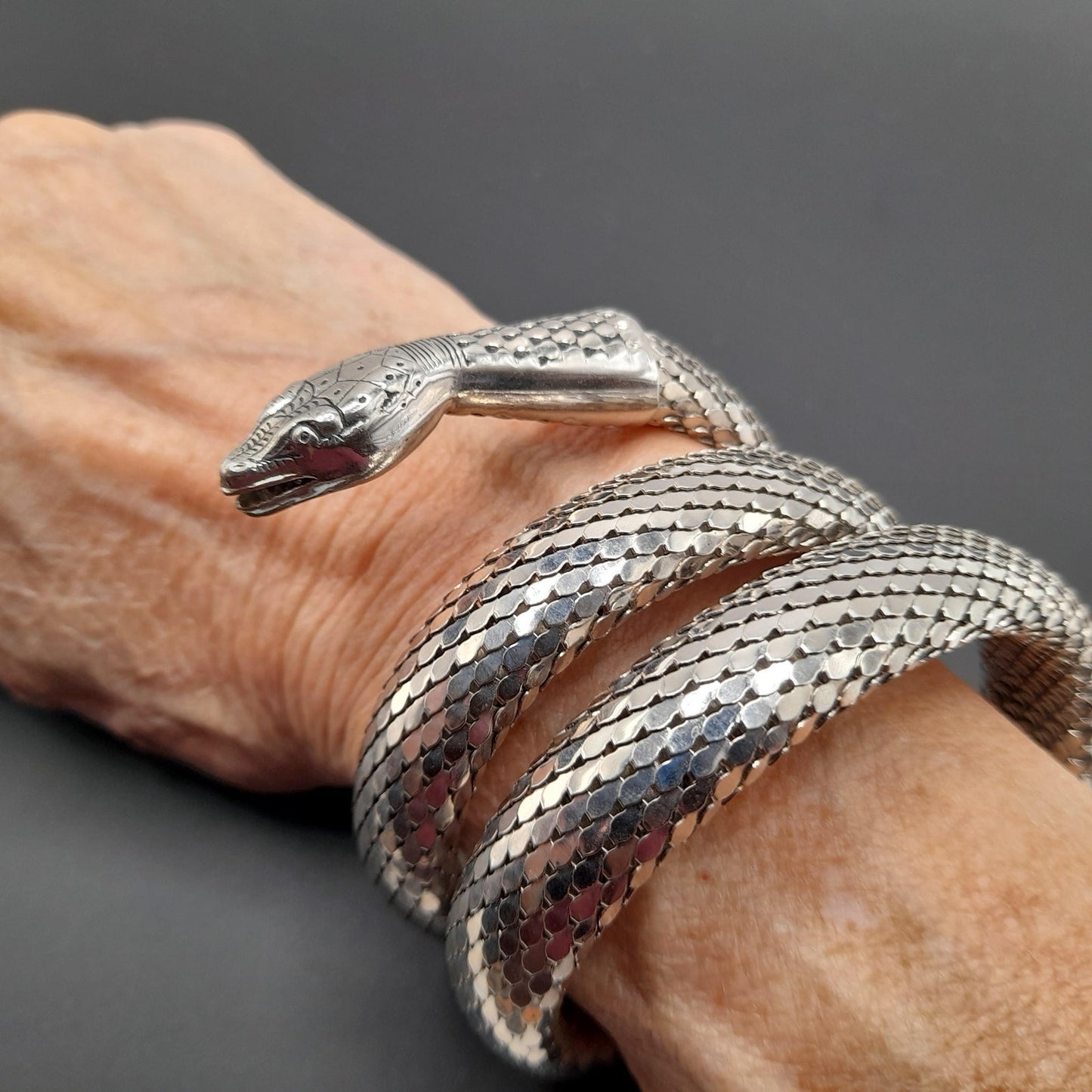 Whiting & Davis Snake Mesh Coil Bracelet, Rhodium Plated, Book Piece, 1970s Vintage Jewelry