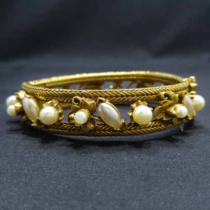 Florenza Faux Pearl Hinged Bracelet, Gold Tone, 1950s Vintage Jewelry