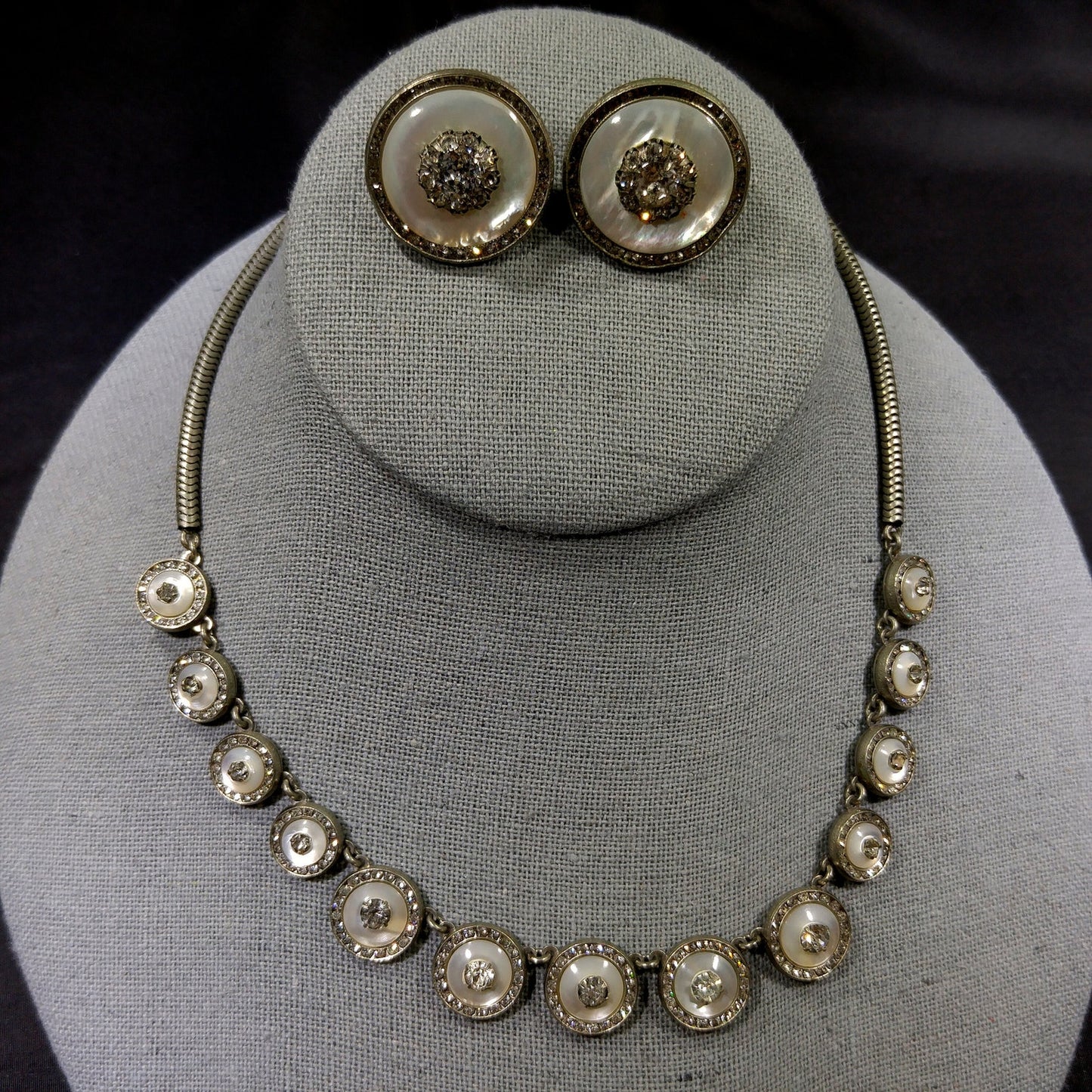 Mother of Pearl Rhinestone Jewelry, Necklace & Clip Earring Set, 1940s Vintage