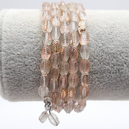 Vintage Art Glass Leaf Bead Memory Wire Bracelet – Clear Gold Leaf Design