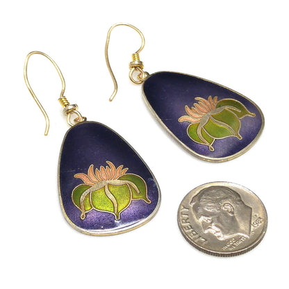 Vintage Laurel Burch Water Lily Earrings, Dark Blue Pink Green Enamel
