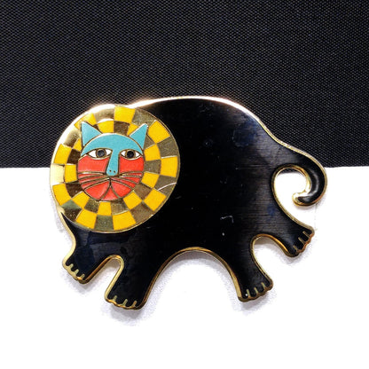 Laurel Burch "Bartholomew" Brooch, Gold Plated Cloisonné, Black Gold Enamel, 1980s Vintage Jewelry