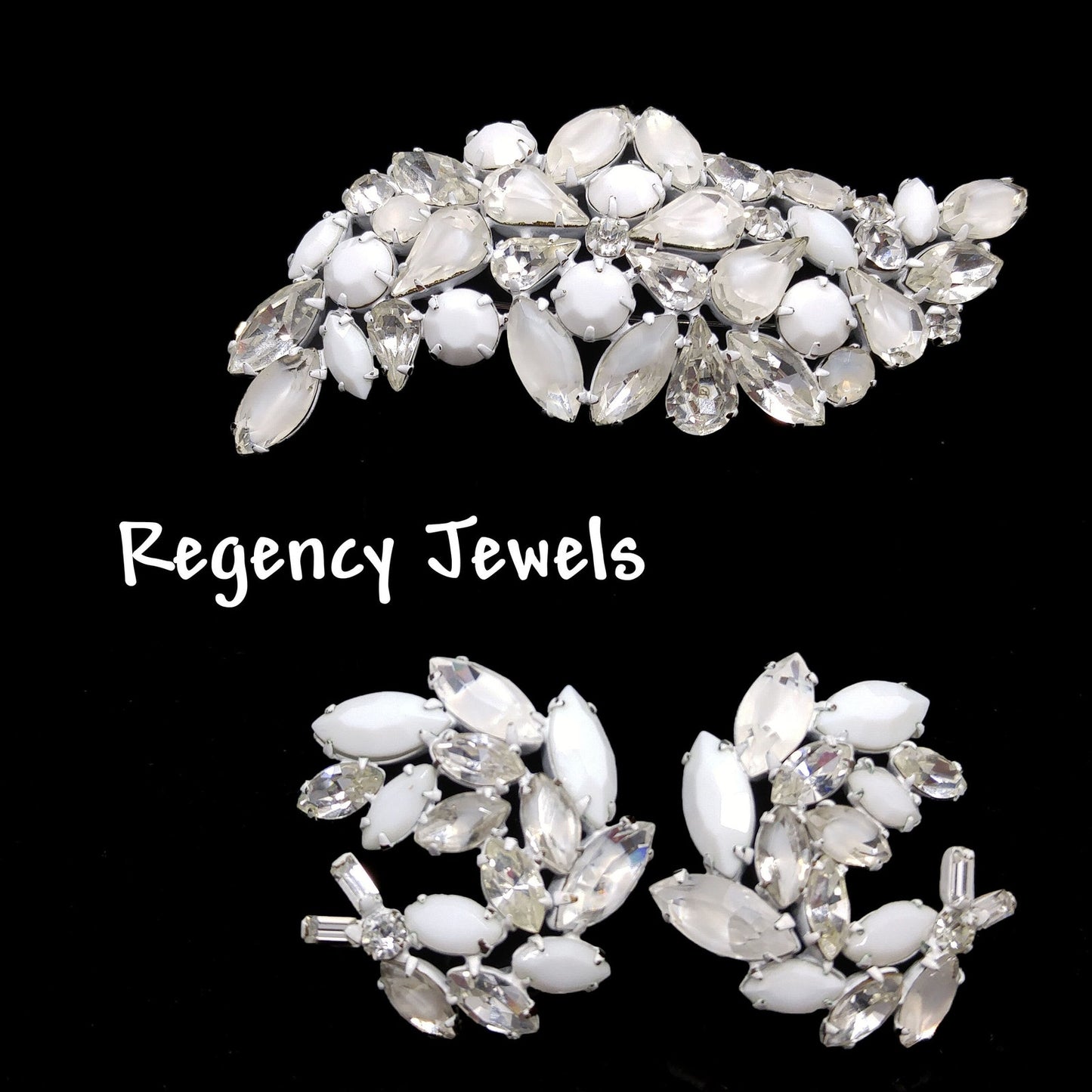 Regency Jewels White Enamel Brooch & Earrings Set, Milk Glass Clear Rhinestones