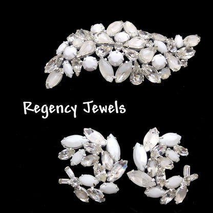 Regency Jewels White Enamel Brooch & Earrings Set, Milk Glass Clear Rhinestones