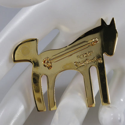 Laurel Burch "Inca" Red Horse Brooch, Cloisonné Gold Plated, 1980s Vintage Jewelry
