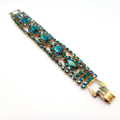 Green Blue Aurora Borealis Rhinestone Bracelet, Gold Plated, 1960s Vintage Jewelry
