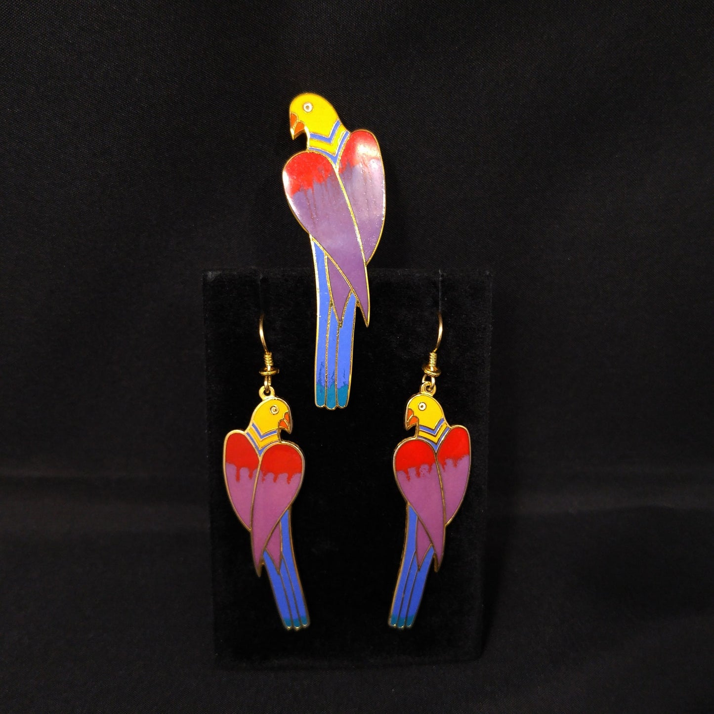 Laurel Burch Cezanne Parrot Earrings & Brooch Set, 22 KG Plated Cloisonne Enamel, 1980s