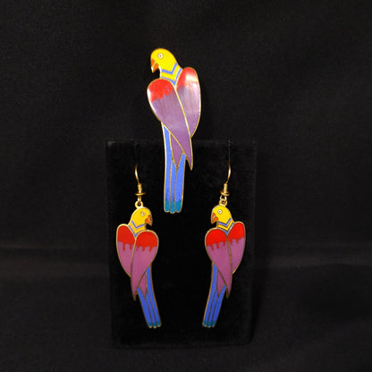 Laurel Burch Cezanne Parrot Earrings & Brooch Set, 22 KG Plated Cloisonne Enamel, 1980s