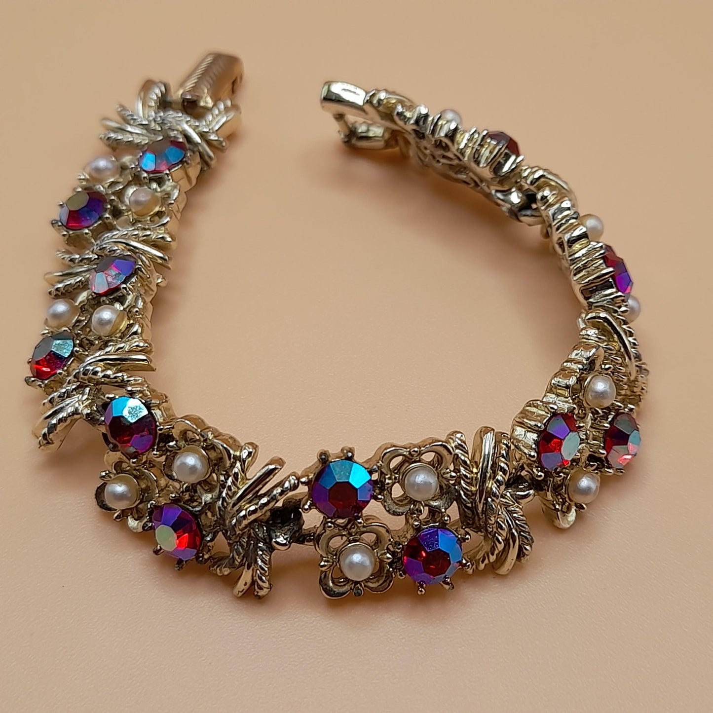 Vintage Coro Red Rhinestone Bracelet, Aurora Borealis, 1950s, 6 1/4 In