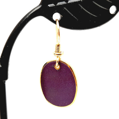 Laurel Burch Purple Enamel Earrings, Vintage Gold Plated Drop Earrings, 1980s Artistic Designer Jewelry