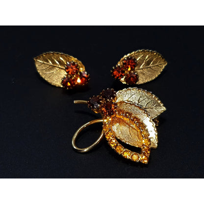 Vintage Judy Lee Gold Leaf Brooch & Earrings Set Topaz Rhinestones 1950s