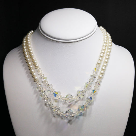 Wedding Bridal Faux Pearl AB Crystal Beaded Necklace, 2 Strands, 1950s Vintage