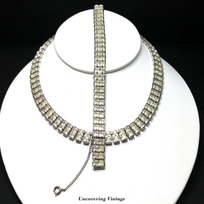 Art Deco Clear Rhinestone Choker Necklace Bracelet Set, Wedding Bridal, 1950s Vintage Jewelry