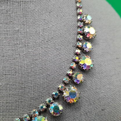 Aurora Borealis Rhinestone Choker Necklace, Rhodium Plated, 1960s Vintage Jewelry