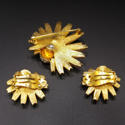 Jomaz Gold Plated Brooch & Earrings, Pave Rhinestones, Joseph Mazer Co, 1960s Vintage Jewelry