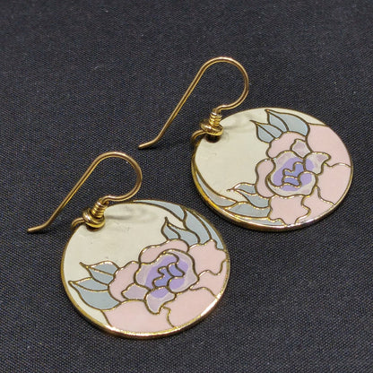 Vintage Laurel Burch "Garden Rose" Earrings, Cloisonné Gold Plated