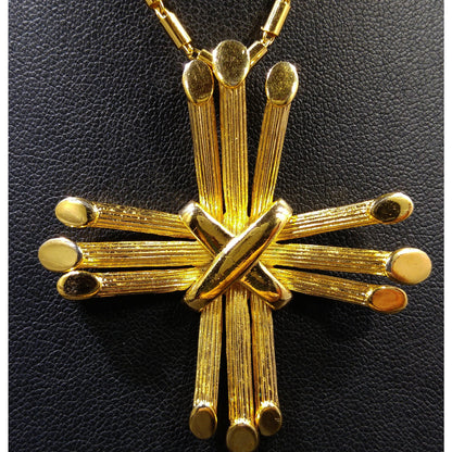 Crown Trifari Cross Pendant Necklace, Gold Plated, 1970s Vintage Jewelry