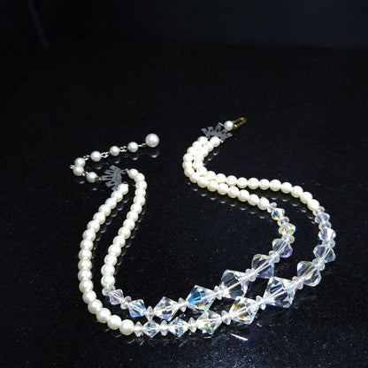Wedding Bridal Faux Pearl AB Crystal Beaded Necklace, 2 Strands, 1950s Vintage