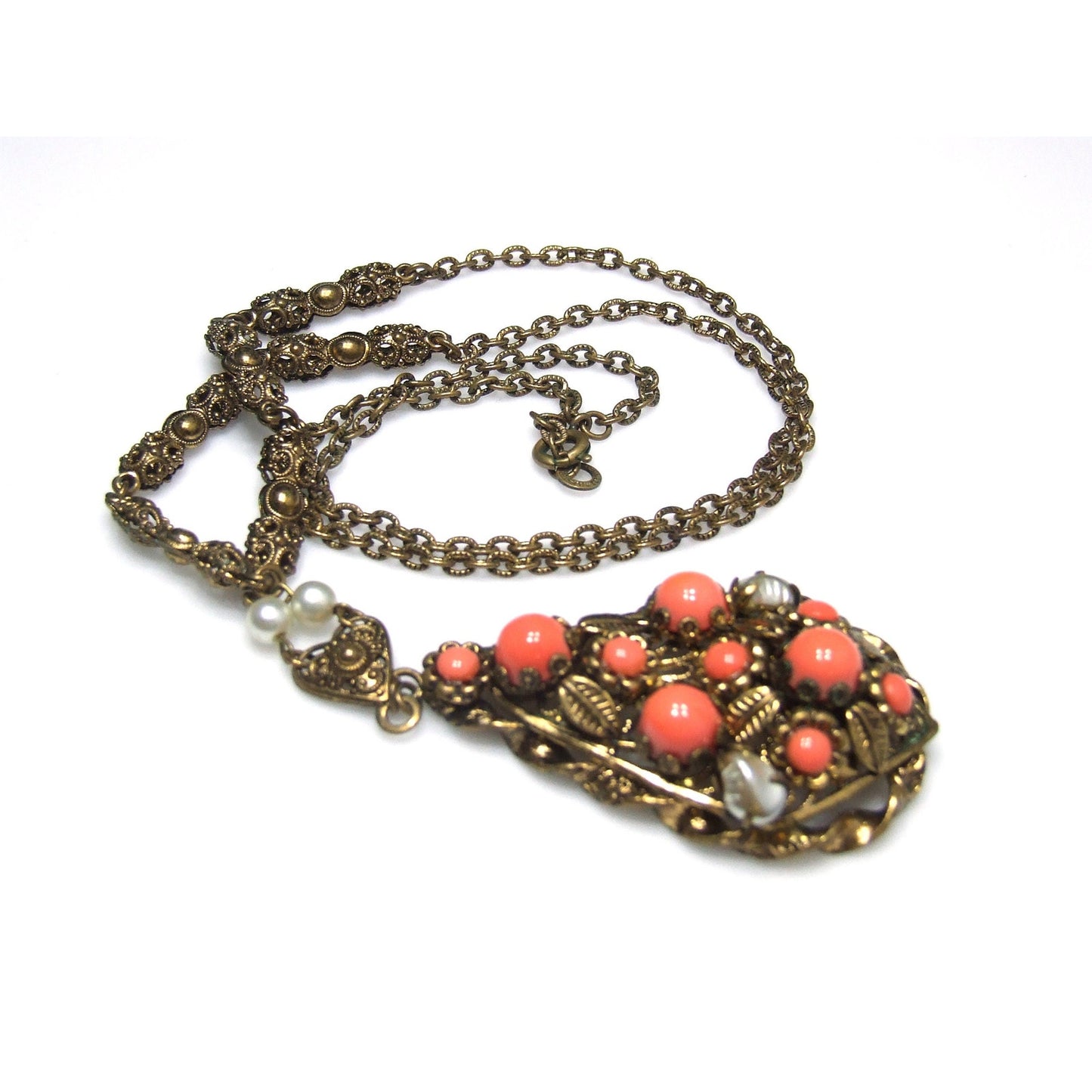 West Germany Orange Cabochon Glass Rhinestone Necklace, Faux Pearls, 1950s Vintage Jewelry