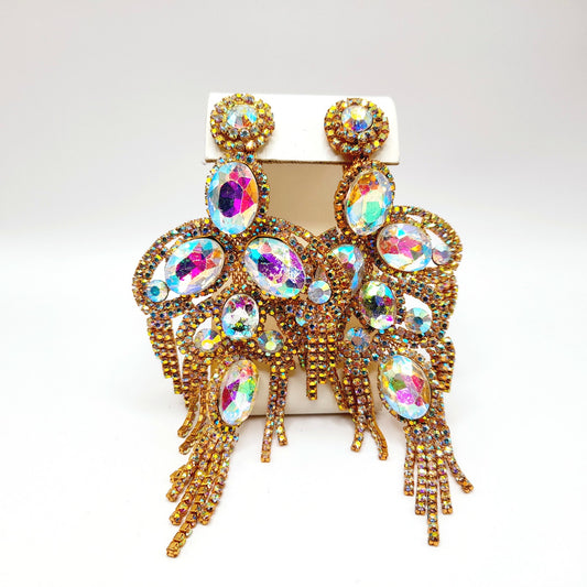 Runway Aurora Borealis Rhinestone Clip Earrings – Gold Tone Statement Jewelry