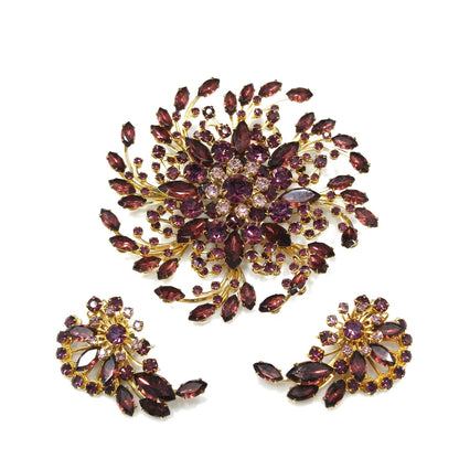 Mid-century Large Purple Rhinestone Brooch & Earrings, Floral Design, 1950s Vintage Jewelry