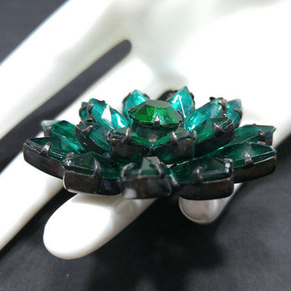 Vintage Emerald Green Rhinestones Floral Japanned Brooch, Mid-Century Flower Pin, 1950s Vintage Jewelry