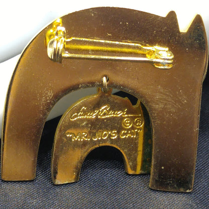 Laurel Burch "Mr. Jio's Cat" Brooch with Dangling Cat Charm, Gold Plated, Cloisonne Enamel, 1980s Vintage Jewelry