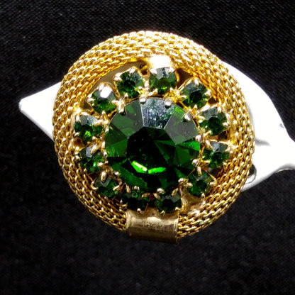 Vintage Weiss Green Rhinestone Brooch & Earrings, Gold Plated Mesh