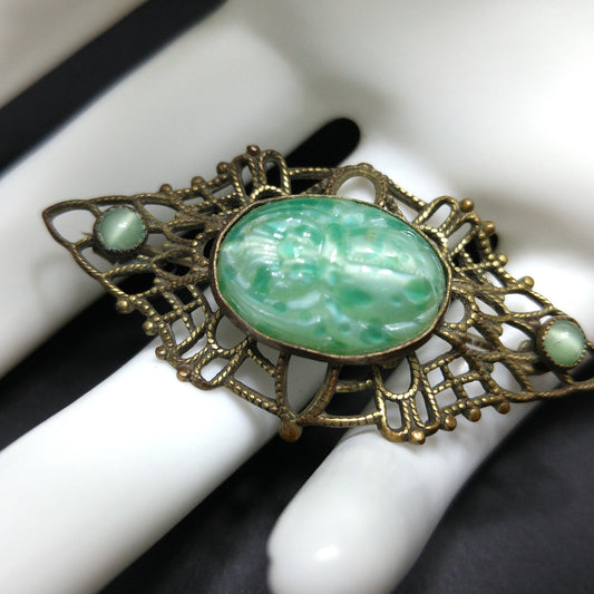 Czech Marbled Glass Scarab Brooch, Egyptian Revival, 1930s Vintage Jewelry