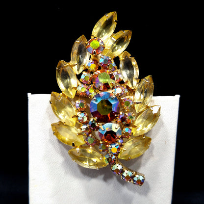 Yellow & Topaz Aurora Borealis Rhinestone Leaf Brooch, Open Back Stones, Gold Plated, 1960s Vintage Jewelry