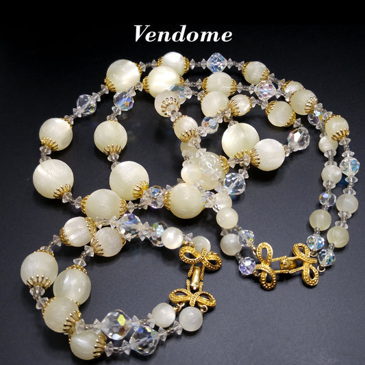 Vendome White Frosty Lucite & Crystal Jewelry, Necklace Bracelet Set, 1960s Vintage Jewelry