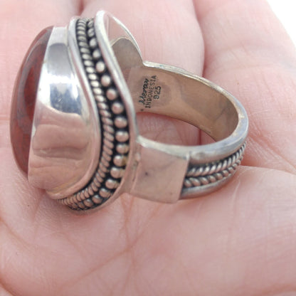 Meran Indonesia Sterling Silver Ring, Large Red Gemstone, Vintage Size 7, 925